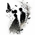 Silhuette of a couple in a wedding ink background