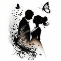 Silhuette of a couple in a wedding ink background