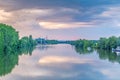 Picture of the skyline of Frankfurt am Main taken from a great distance from the Main lock Eddersheim in the evening