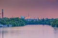 Picture of the skyline of Frankfurt am Main taken from a great distance from the Main lock Eddersheim in the evening