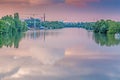 Picture of the skyline of Frankfurt am Main taken from a great distance from the Main lock Eddersheim in the evening