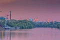 Picture of the skyline of Frankfurt am Main taken from a great distance from the Main lock Eddersheim in the evening