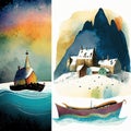 Picture of a Snowy Norwegian Village with a Boat. Collage of Images, Nature of the North. Generated Ai