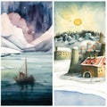 Picture of a Snowy Norwegian Village with a Boat. Collage of Images, Nature of the North. Generated Ai Royalty Free Stock Photo