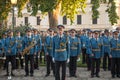 Serbian Army Band in formal uniform and position waiting to perform during a ceremony in the Belgrade French Embassy.