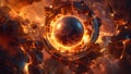 A picture of a sphere surrounded by fire, quantum inferno concept, neural network generated image Royalty Free Stock Photo