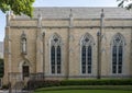 Statue Virgin Mary and stained glass windows on an outside wall of Highland Park Methodist Church in Dallas, Texas Royalty Free Stock Photo