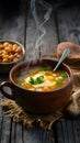 Picture Steaming hot soup on rustic wooden table, comfort food photo Royalty Free Stock Photo