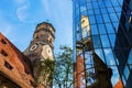 Stiftskirche with reflections in a glass facade in Stuttgart, Germany Royalty Free Stock Photo