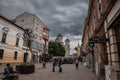 CARANSEBES, ROMANIA - SEPTEMBER 16, 2022: panorama of the pedestrian street of Strada Episcopiei in Caransebes with shops and