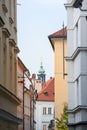 Typical narrow street of Stare Mesto, Michalska ulice, in the historical center of Prague, Czech Republic