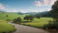 A Picture Of A Strikingly Vivid View Of A River Running Through A Lush Green Valley AI Generative