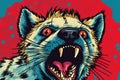 an angry, surprised hyena on a red background