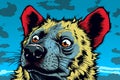 a yellow, surprised hyena on a blue background,