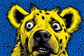 a yellow, frightened hyena on a blue background