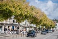 Picture of a suburban street with cafes, trees, and parked cars in Alcobaca, Portugal