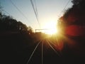 Picture of a sunset in a train drivers position Royalty Free Stock Photo