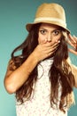 Picture of surprised woman face hand over mouth Royalty Free Stock Photo
