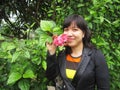 Beautiful woman kept a pink flower with happy face and green leaves around the background