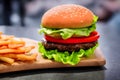 Picture of a tasty hamburger with greens, classic fast food item, Generative AI