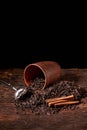 Picture of the tea strainer with dried tea leaves and sticks of cinnamon isolated on dark wooden background