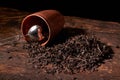 Picture of the tea strainer with dried tea leaves and sticks of cinnamon isolated on dark wooden background