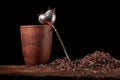 Picture of the tea strainer with dried tea leaves and sticks of cinnamon isolated on dark wooden background