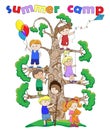 Picture on the theme of summer holidays and summer camps for children for various things around the tree on a white background