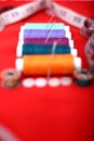 Picture of threads, needles, bobbin and button