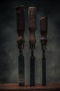 Picture of three old rusty chisels for carpentry and sculpting Royalty Free Stock Photo