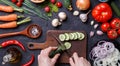 Picture on top of fresh vegetables, mushrooms, cutting board, oil, knife, hands of cook