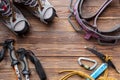 Picture on top of ski poles, boots, picks on wooden background