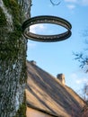 Picture with a tree, an iron hoop attached to the tree