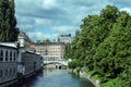 Tromostovje bridge Triple Bridge in Ljubljana Slovenia seen from apart. The bridge, over the Ljubljanica river. Royalty Free Stock Photo