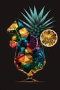 Picture of tropical coctail bright glass decorated with ananas and lemon slice. Generative AI Royalty Free Stock Photo