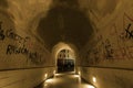 Picture of a tunnel with graffiti writings about vindication, educational strike, rights