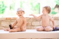 Picture of two baby child having fun playing outdoors, best friends, happy family, love and happiness concept Royalty Free Stock Photo