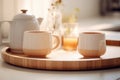 Picture of two cups and teapot placed on tray. Perfect for illustrating cozy tea time or coffee break Royalty Free Stock Photo