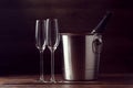 Picture of two empty wine glasses, bottle of champagne Royalty Free Stock Photo