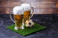 Picture of two glasses of beer, soccer ball on green grass Royalty Free Stock Photo