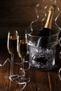 Picture of two glasses, bucket of ice and bottle of wine Royalty Free Stock Photo