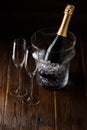 Picture of two glasses, bucket of ice and bottle of wine Royalty Free Stock Photo