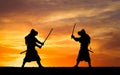 Picture with two samurais and sunset sky