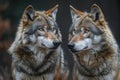 Picture two wolves look at each other over a dark background Royalty Free Stock Photo