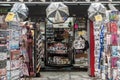 Souvenir Shop on the Paris avenue of Champs Elysees, in a kiosk, displaying various items branded with the Eiffel tower Royalty Free Stock Photo