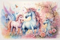 Abstract drawing of unicorns, fairies and rainbows in a watercolor detailed styles background