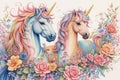 Abstract drawing of unicorns, fairies and rainbows in a watercolor detailed styles background