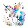 Unicorns, fairies and ranbows in a watercolor on white background