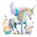 Unicorns, fairies and ranbows in a watercolor on white background