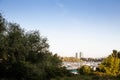 Panorama of boats anchored on the sava river by the veliko ratno ostrvo island with the Usce towers, Usce 1 and 2 in New Belgrade Royalty Free Stock Photo